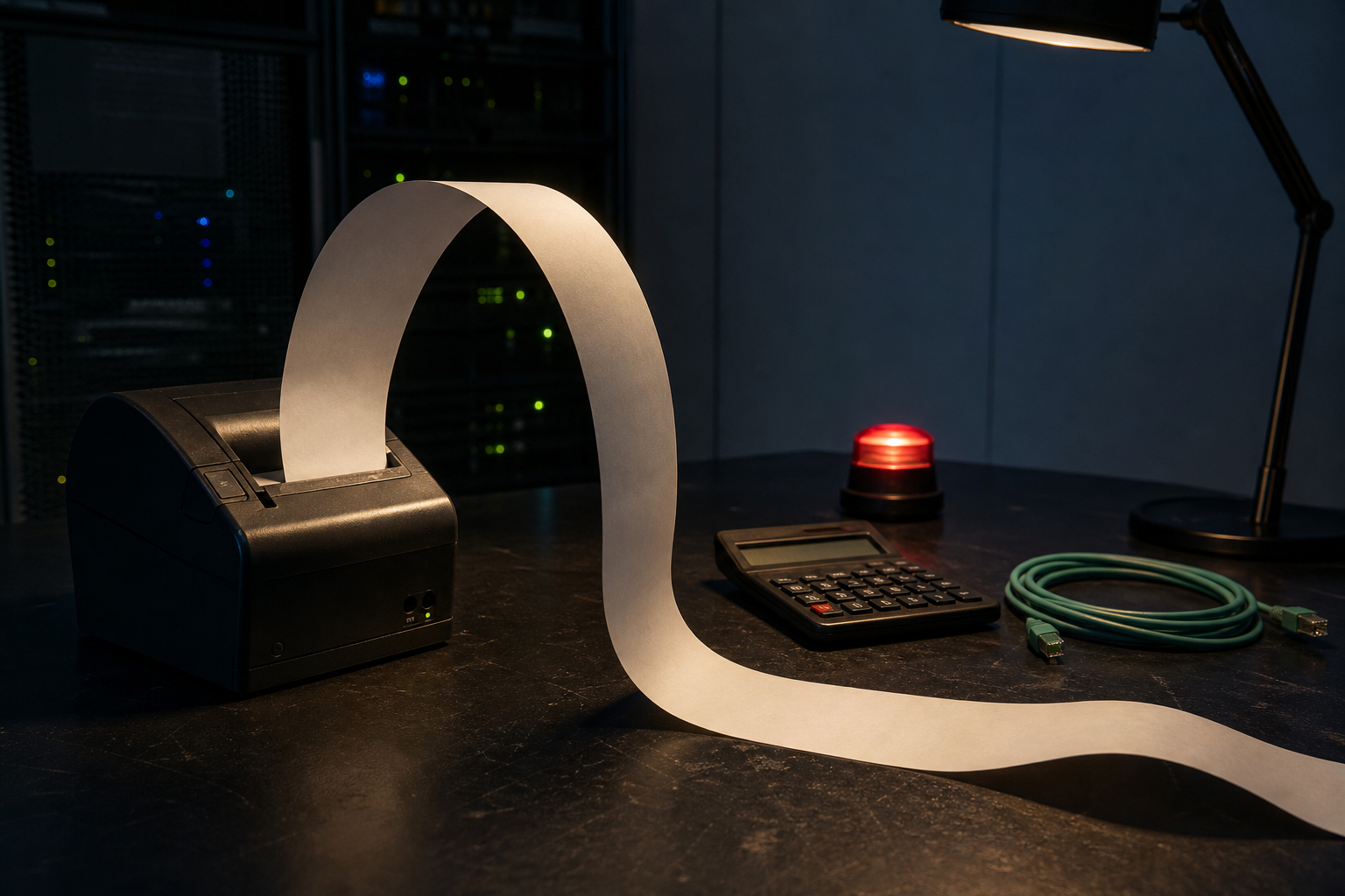 A long blank receipt curling from an unbranded printer beside a calculator, warning light, and network cable in a dark operations room.