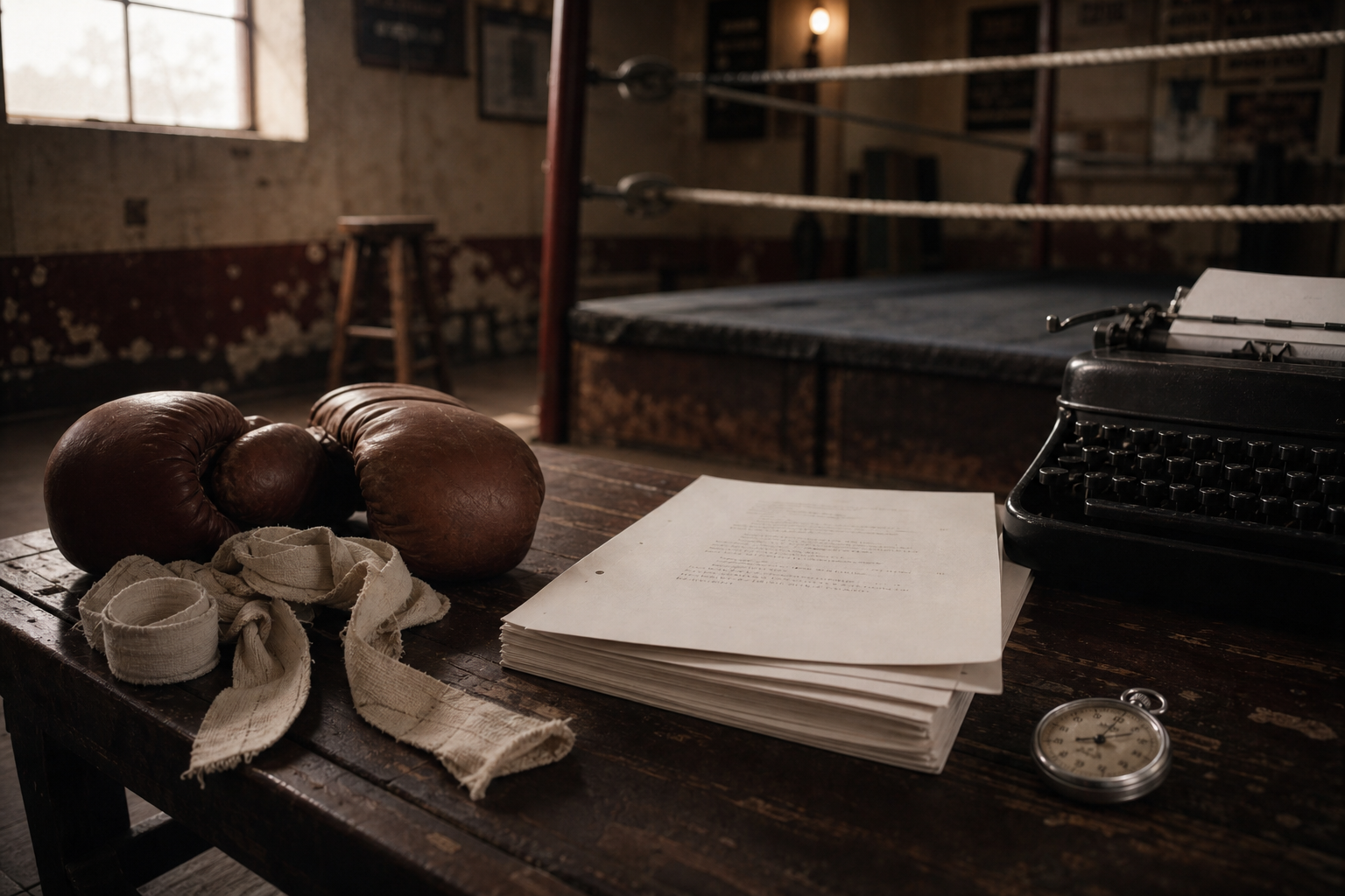 Worn boxing gloves, hand wraps, screenplay pages, a typewriter, and a stopwatch on a bench in an old boxing gym.
